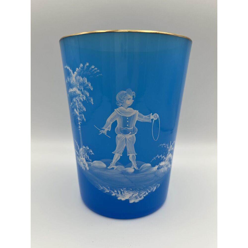 Mary Gregory Hand Painted Blue Glass Vase with Gold Rim 7” Western Germany